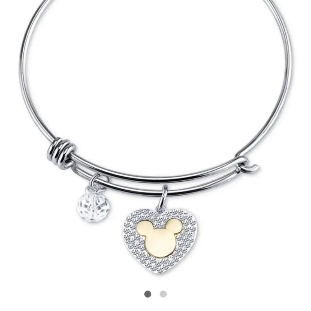Disney Rhinestone Mickey Heart Charm My Heart Belongs To You Wire Bracelet - Picture 1 of 5
